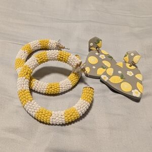 Yellow and White Beaded Hoop Earrings